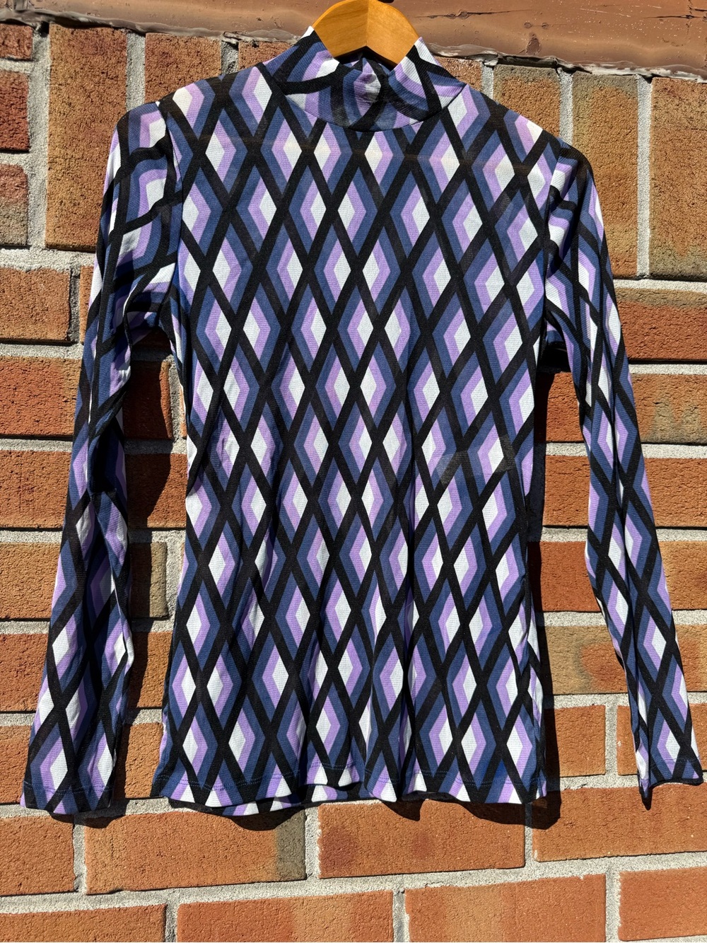 Diane Von Furstenberg Purple, Black & White Geometric Mock-Neck Long Sleeve Tee